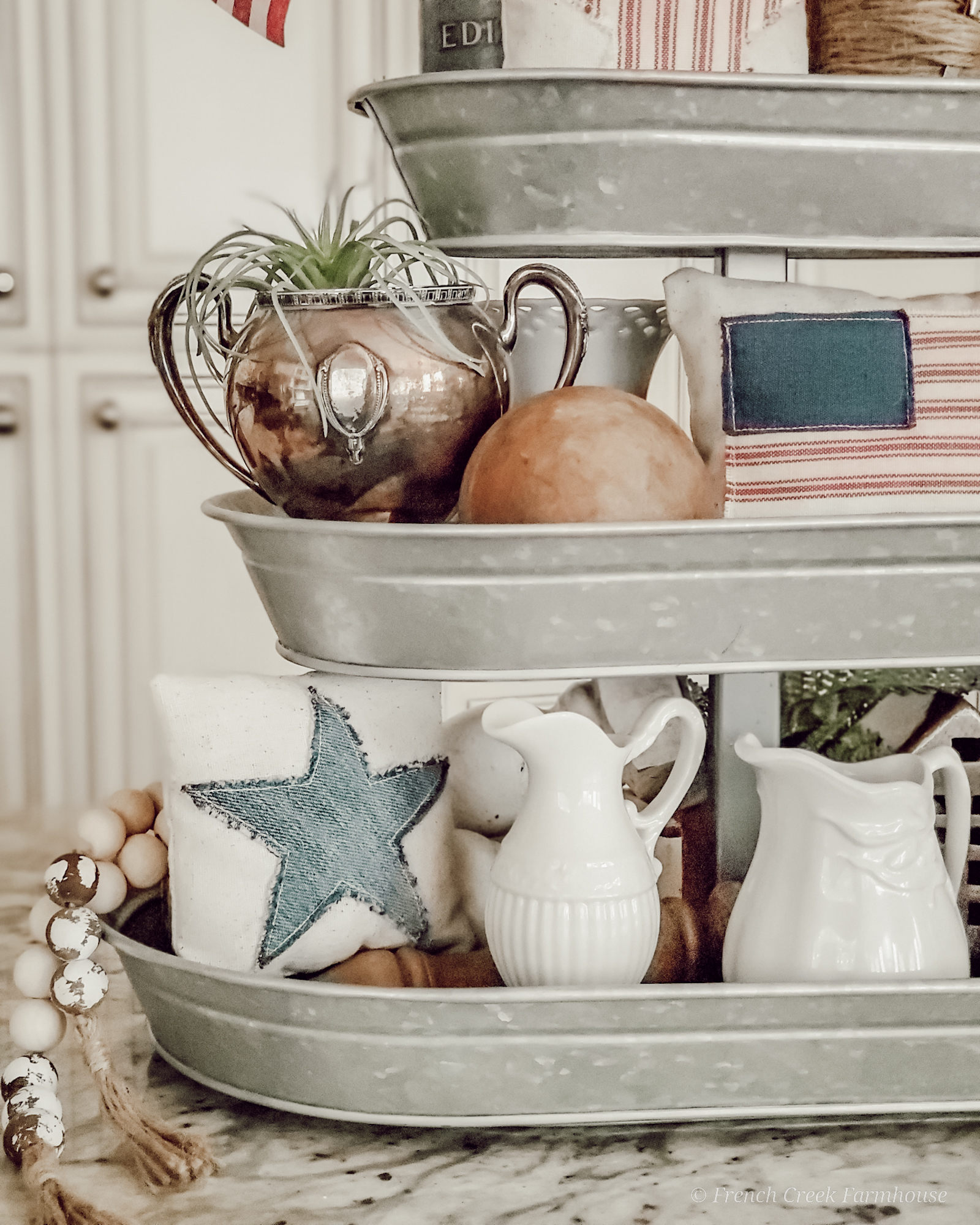 Close up of patriotic tiered tray with ironstone creamers