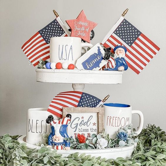 Farmhouse style tiered tray for 4th of July with American flags