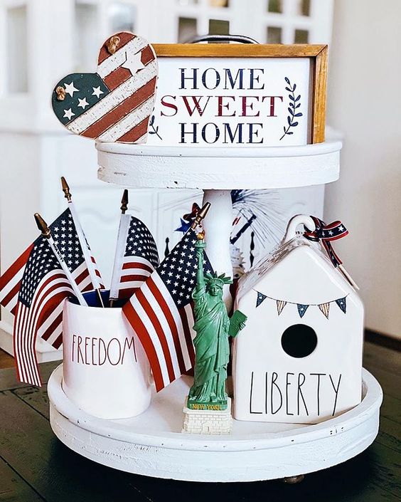 Rae Dunn patriotic tiered tray decor