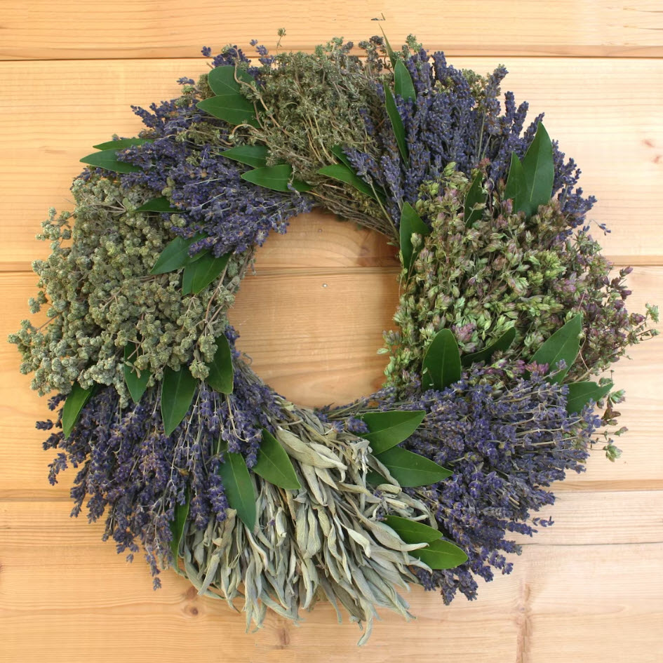 This gorgeous wreath is made with fragrant lavender, marjoram, sage, Santa Cruz oregano, thyme, and bay.