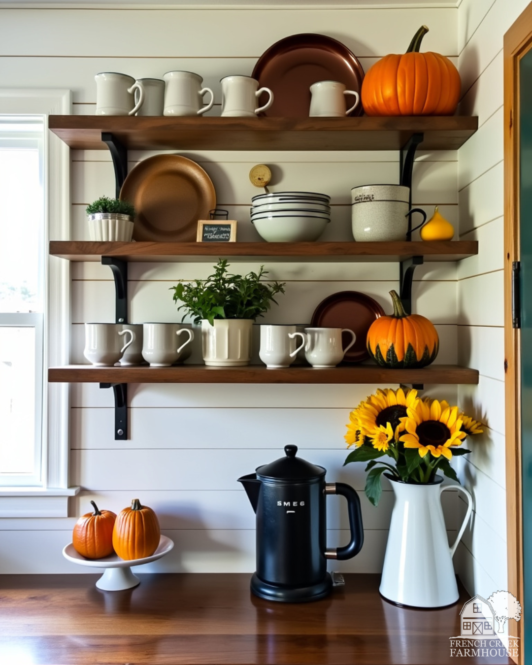 A farmhouse coffee bar decorated for fall