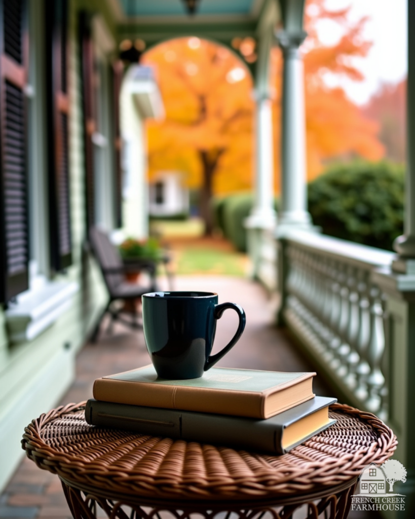 Coffee and books on a farmhouse front porch in autumn