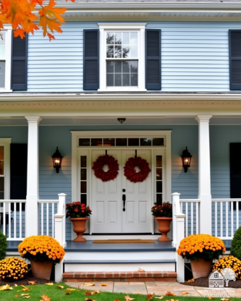 Colonial farmhouse covered porch decorated for autumn