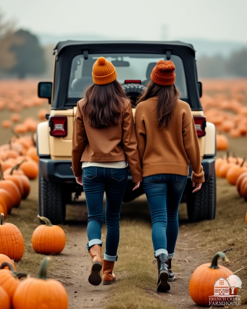 Two women dressed for fall walking in a pumpkin patch