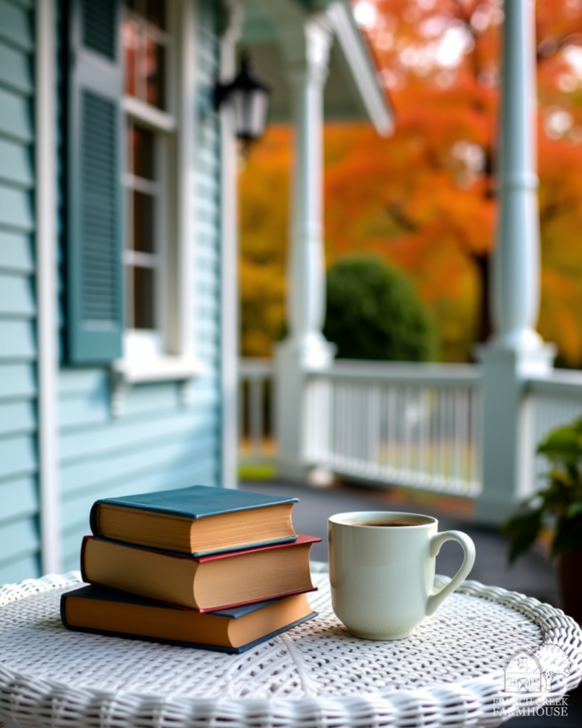 Books and coffee on Lorelai Gilmore's front porch at autumn