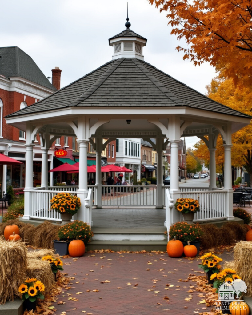 White gazebo in a Connecticut town during autumn