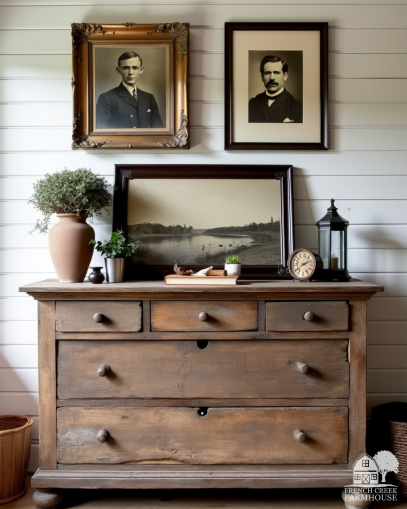 A rustic wooden dresser in front of a white shiplap wall with vintage decor items offer an autumn aesthetic